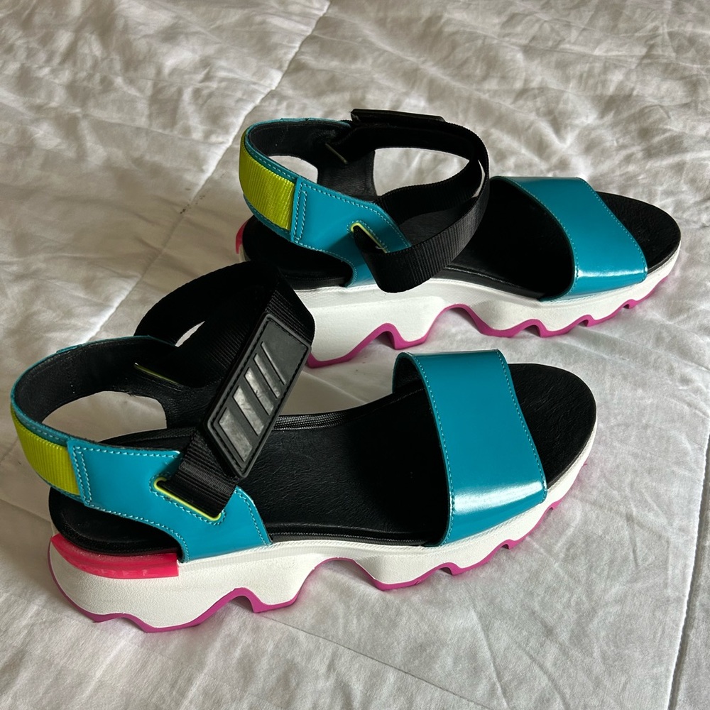 Sorel Teal Black Pink Platform Sandals
